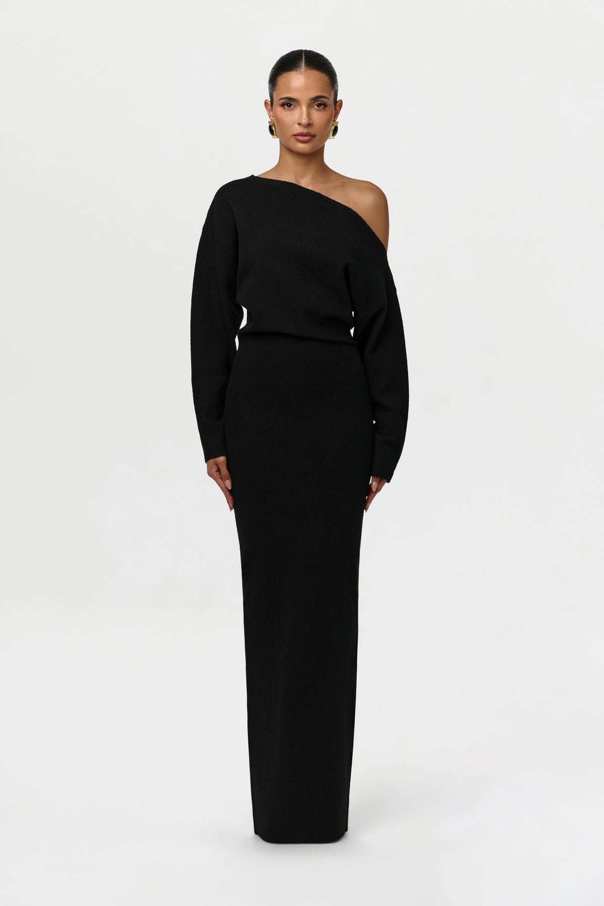 Women's Asymmetric Off-Shoulder Knit Maxi Dress, Long Sleeves