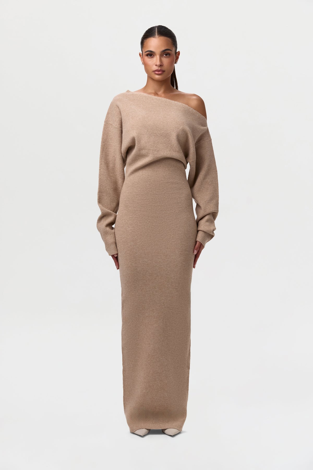 Women's Asymmetric Off-Shoulder Knit Maxi Dress, Long Sleeves