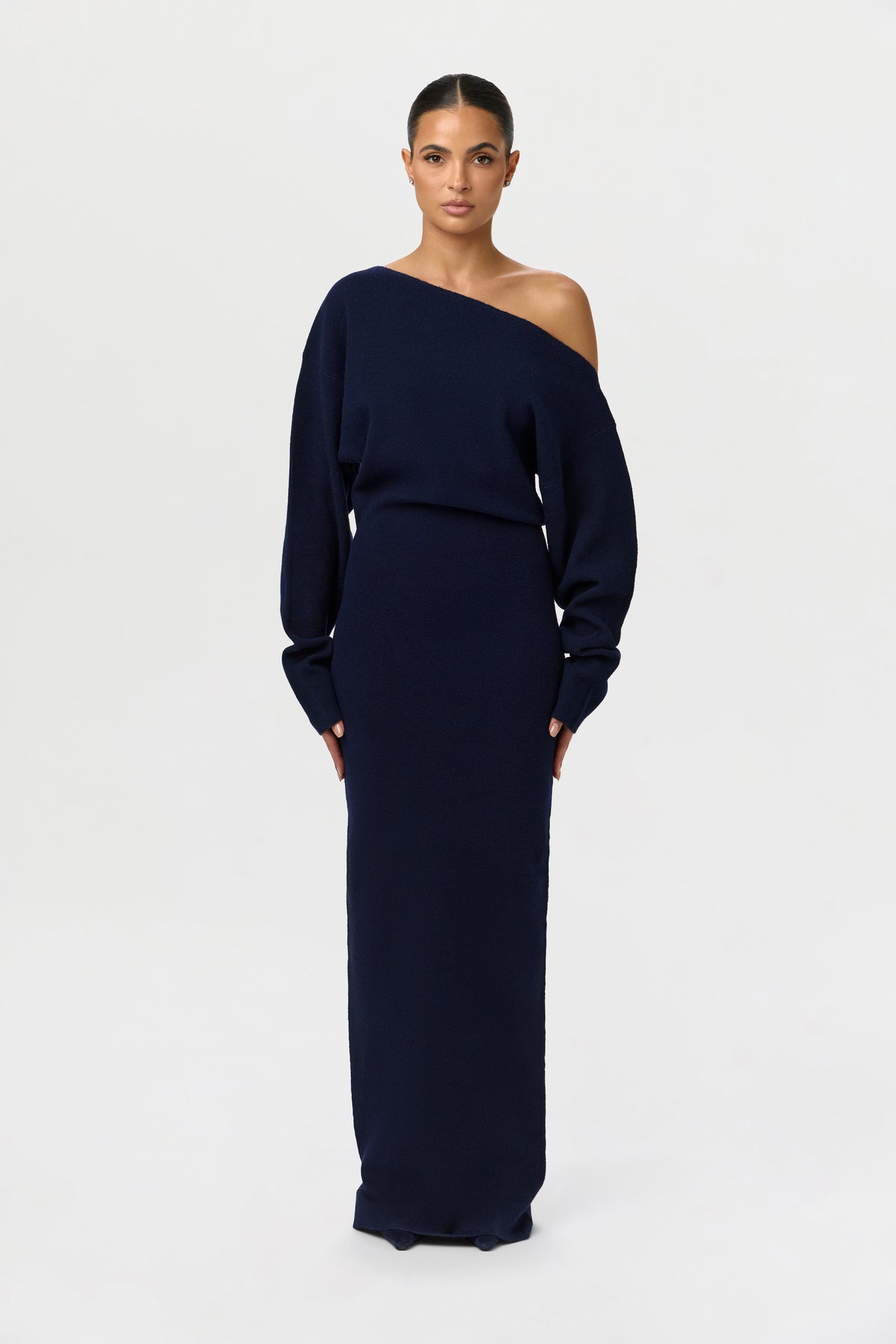 Women's Asymmetric Off-Shoulder Knit Maxi Dress, Long Sleeves