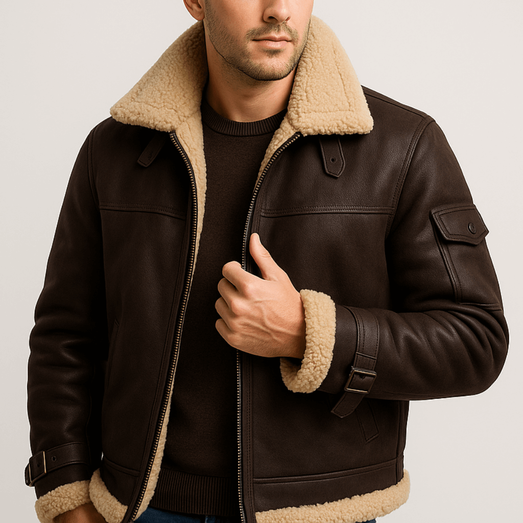 Men's Shearling Jacket, Turn-Down Collar, Zip Front