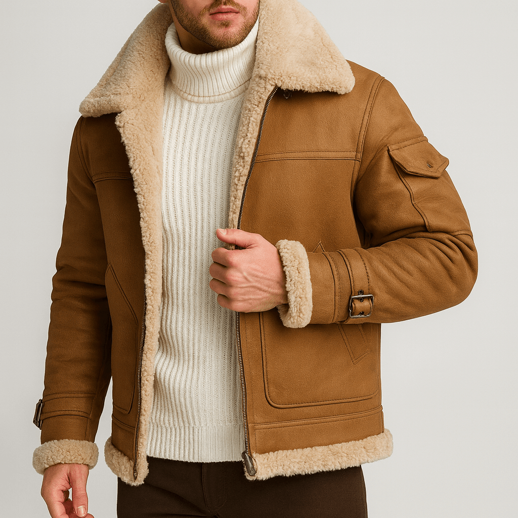 Men's Shearling Jacket, Turn-Down Collar, Zip Front