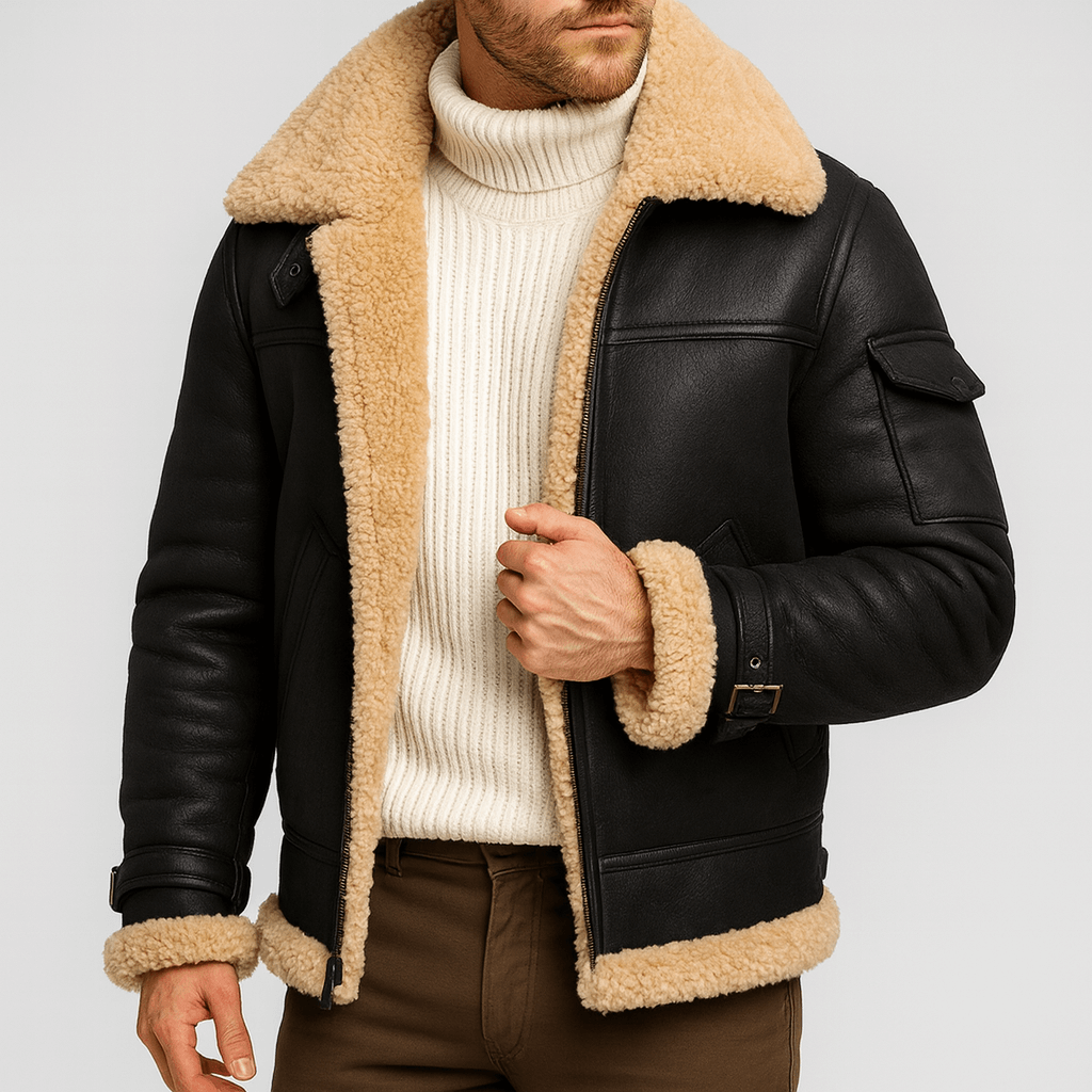Men's Shearling Jacket, Turn-Down Collar, Zip Front