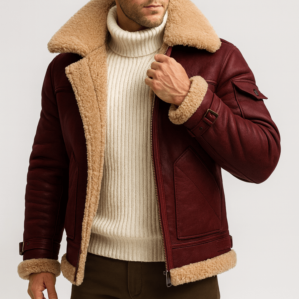 Men's Shearling Jacket, Turn-Down Collar, Zip Front