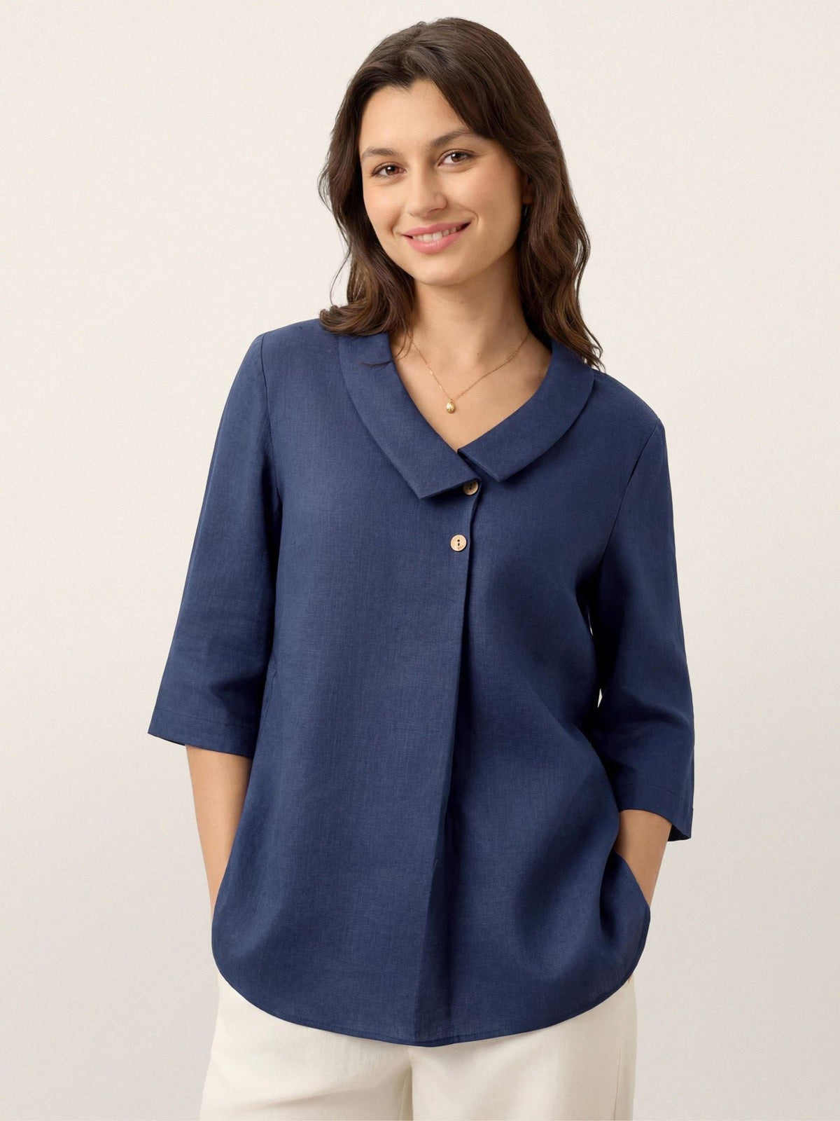 Bettina Draped-Collar Linen Tunic Blouse