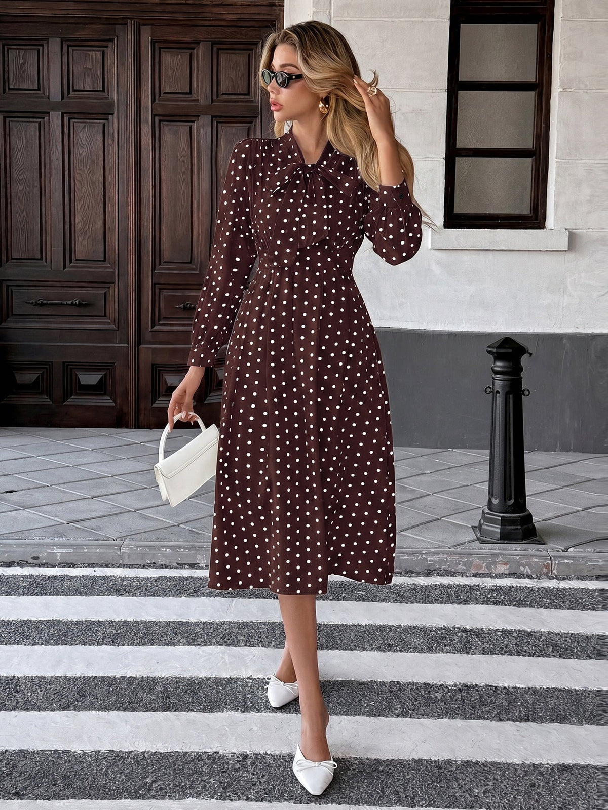 Vanja Polka Dot Tie Neck Pleated Midi Dress
