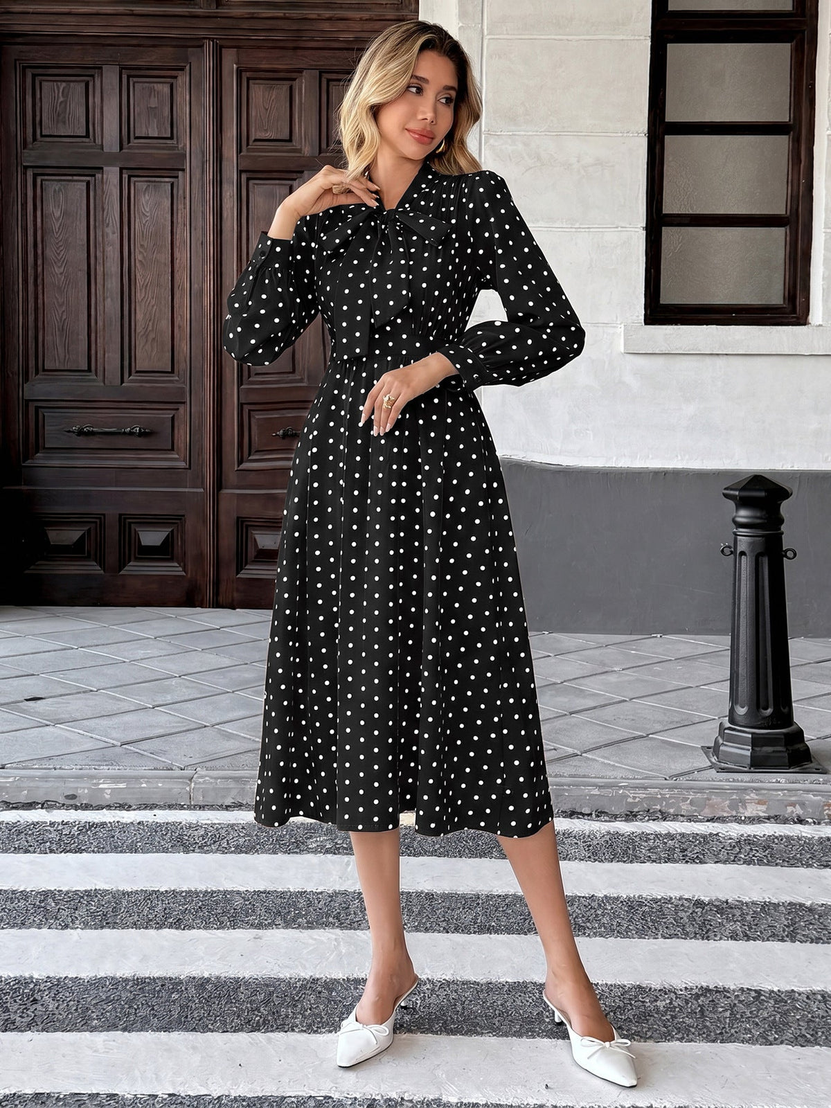 Vanja Polka Dot Tie Neck Pleated Midi Dress