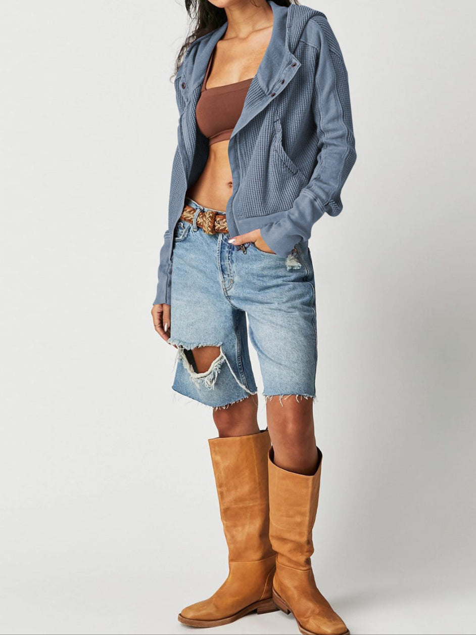Christina | Womens Cropped Zip Hoodie in Waffle Cotton | Snug Hood, Textured Fabric | Pine, Blue and More S-XL