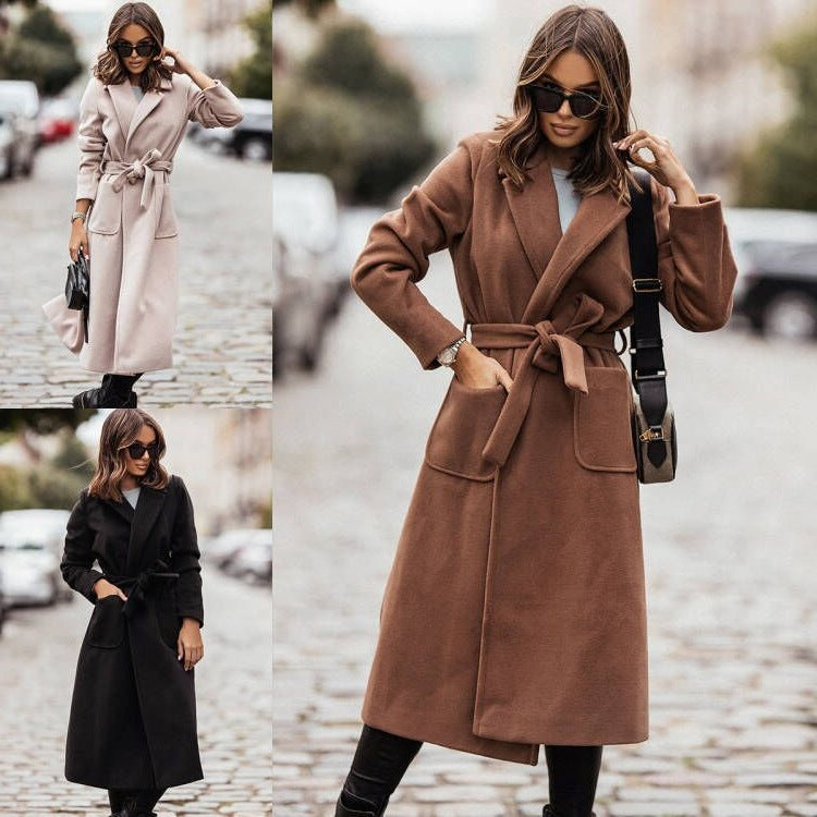 Women's Belted Wrap Coat with Notch Collar and Pockets