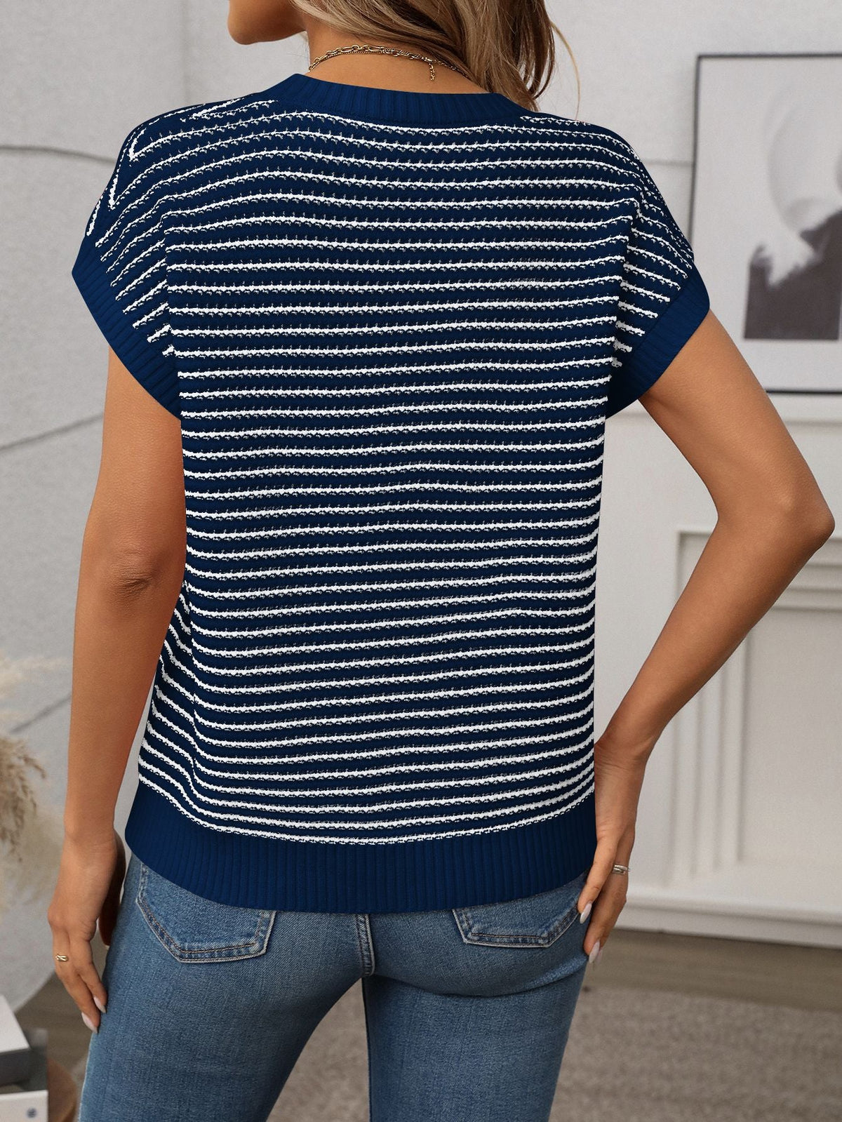 Irene Striped Textured Cap Sleeve Knit Top