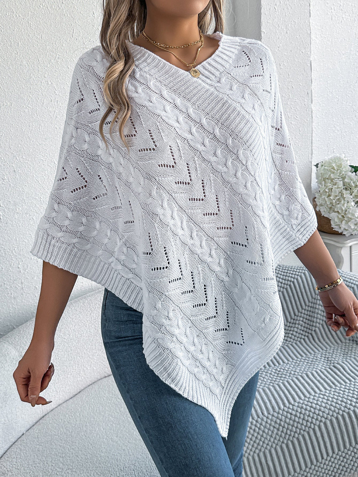 Dalila Cable Knit V-Neck Cape Poncho