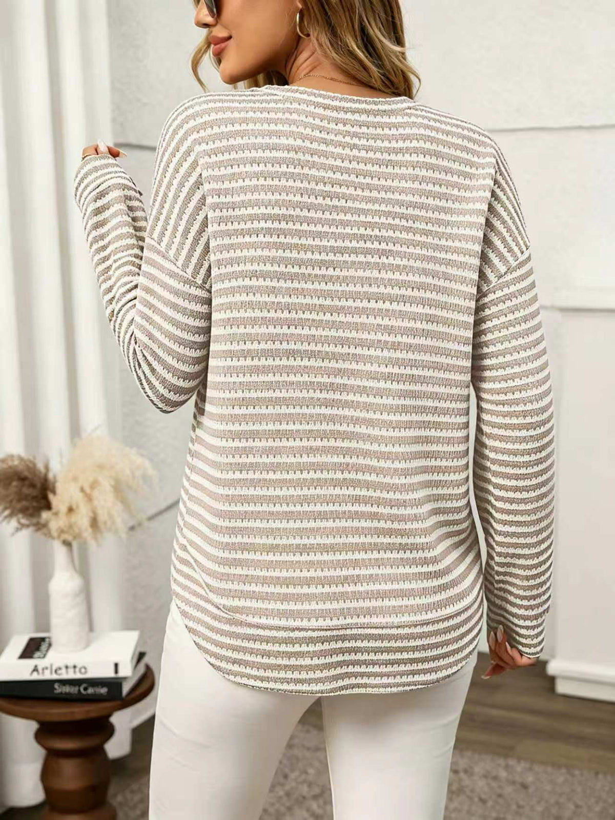 Alvina Waffle-Knit Crewneck Long Sleeve Top