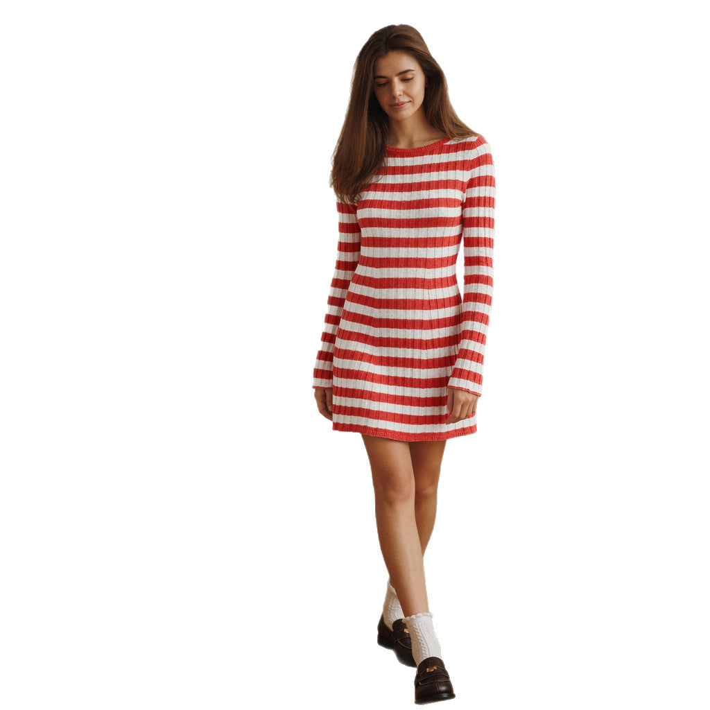 Women's Bodycon Mini Dress in Striped Ribbed Knit | Round Neck, Long Sleeves, Thigh Length | Sizes S-XL, 3 Colors