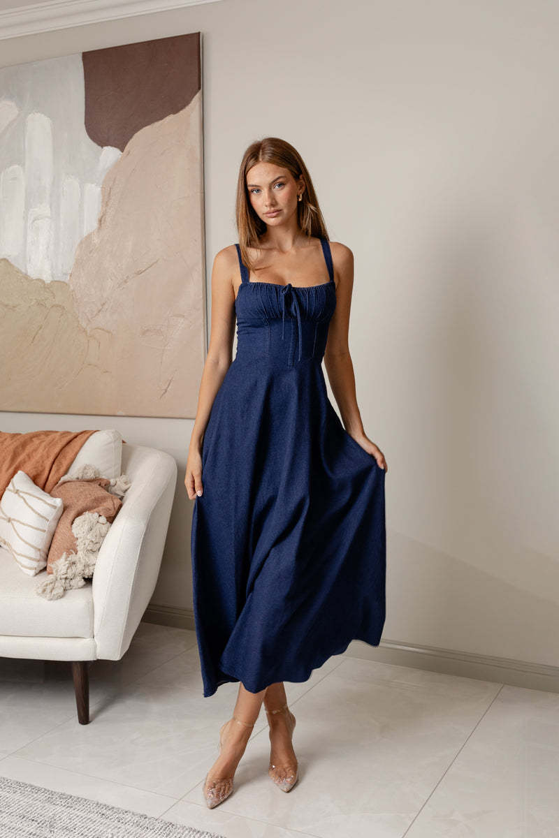 Zaira Corset-Bodice Denim Midi Dress