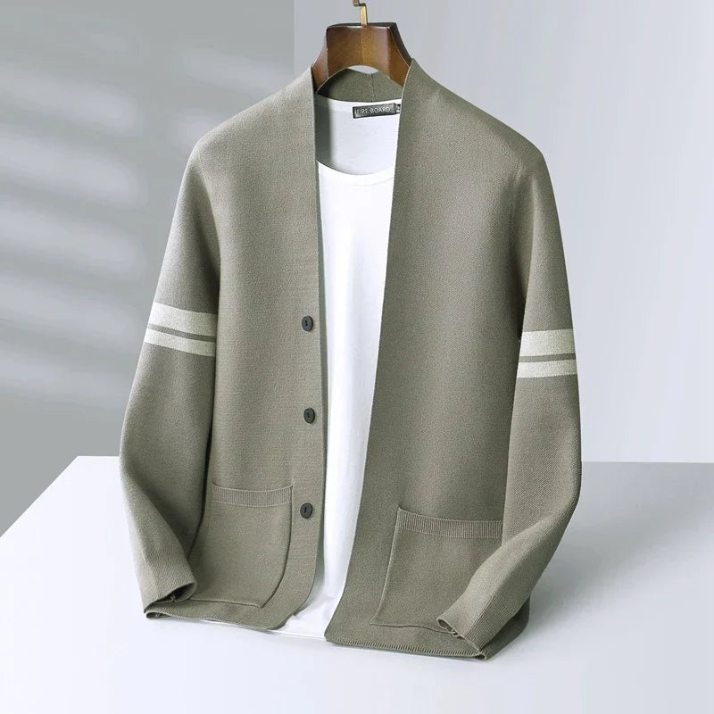 Giancarlo | Mens Merino Wool Blend Cardigan | Sleeve Stripes, Front Pockets | Light Green, Black, Brown and More S-2XL