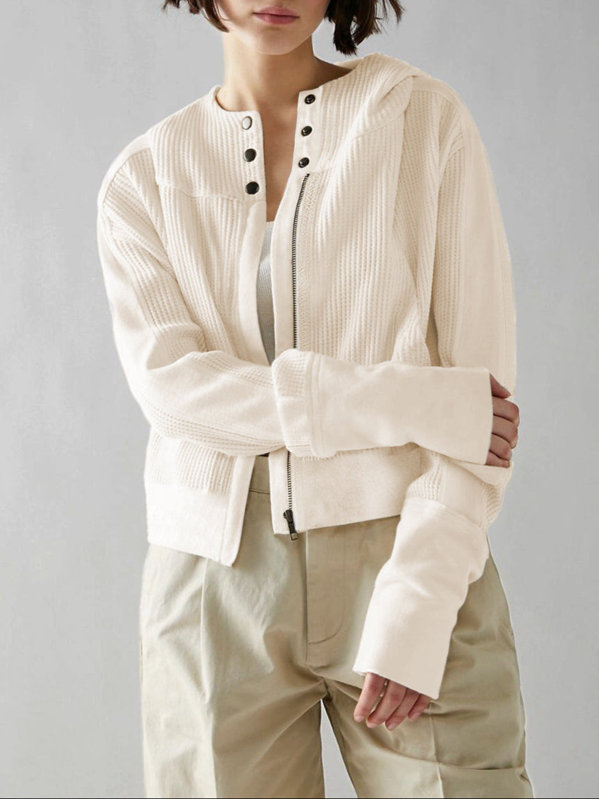 Christina | Womens Cropped Zip Hoodie in Waffle Cotton | Snug Hood, Textured Fabric | Pine, Blue and More S-XL