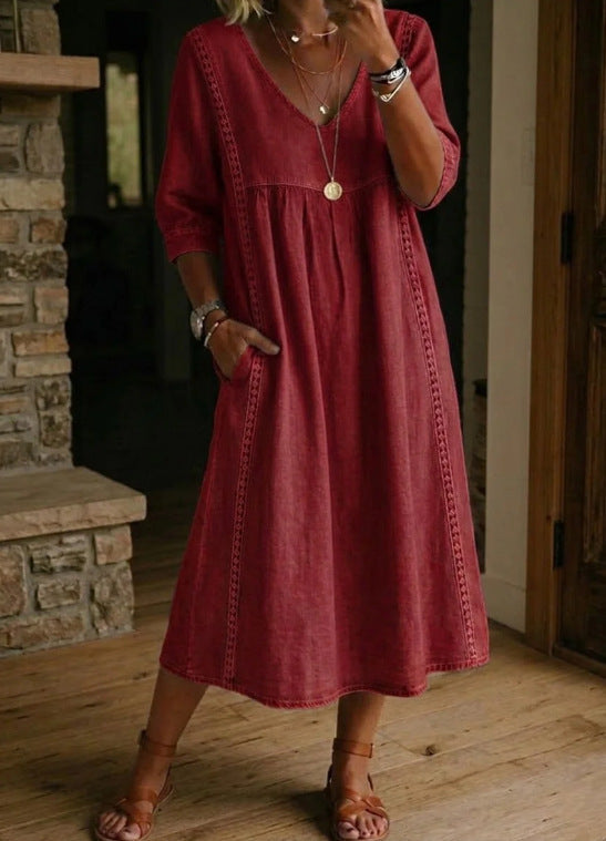Women's V-Neck Pocket Midi Dress – Three-Quarter Sleeve Day Dress