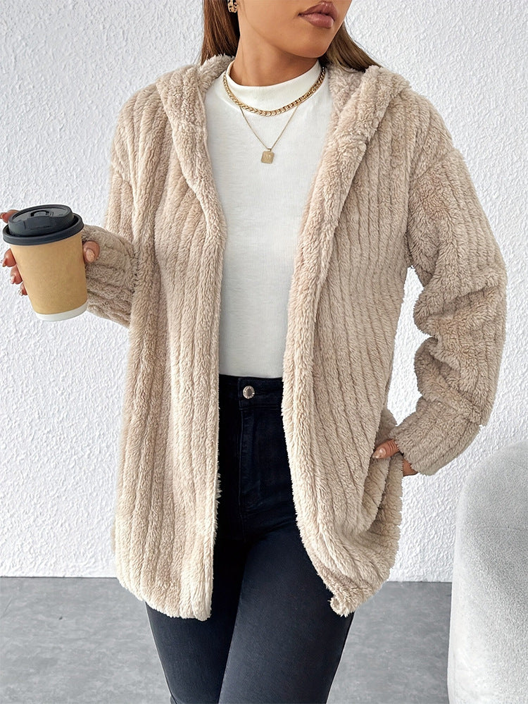 Marzia Hooded Ribbed Plush Fleece Jacket