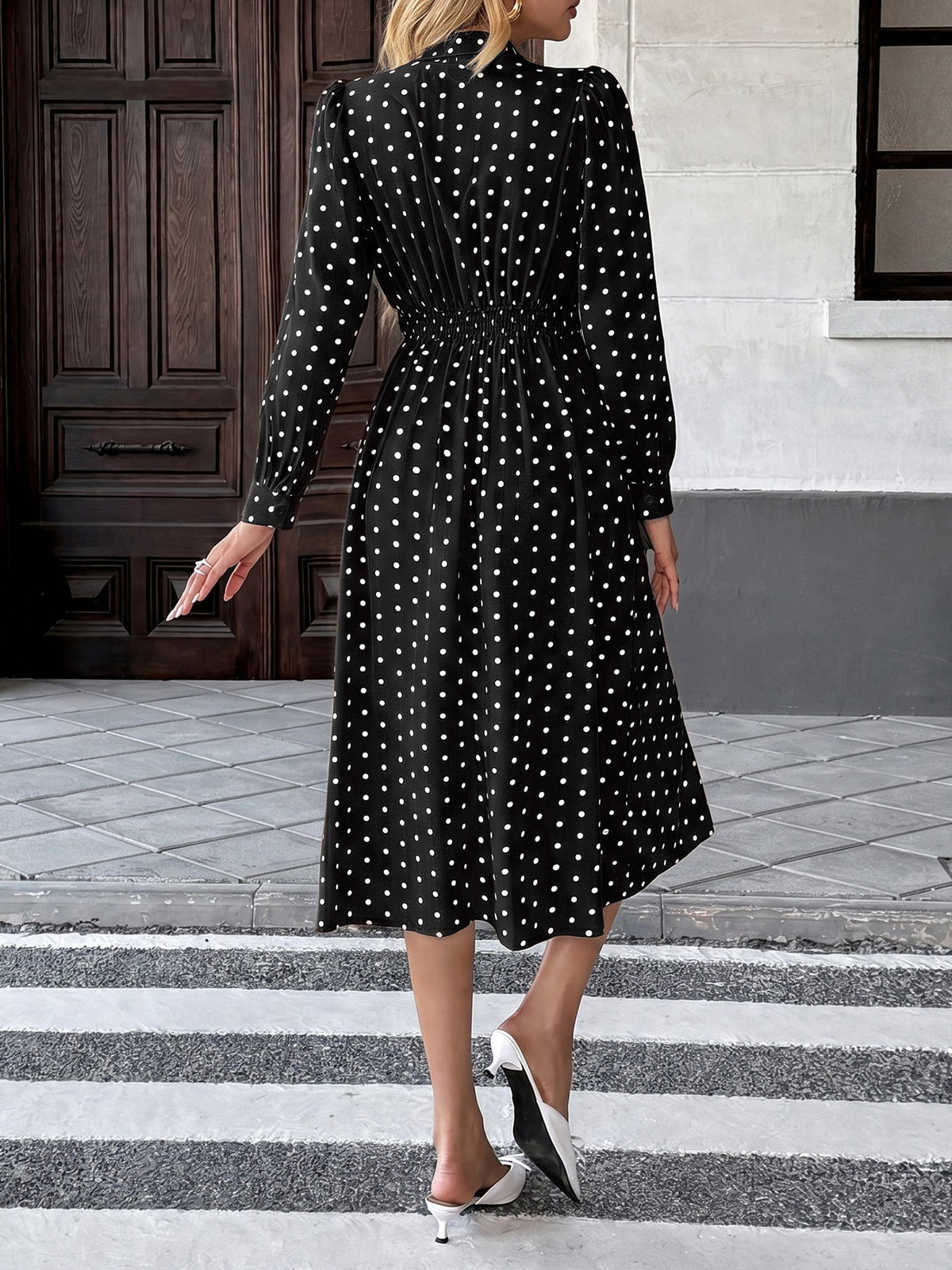 Vanja Polka Dot Tie Neck Pleated Midi Dress