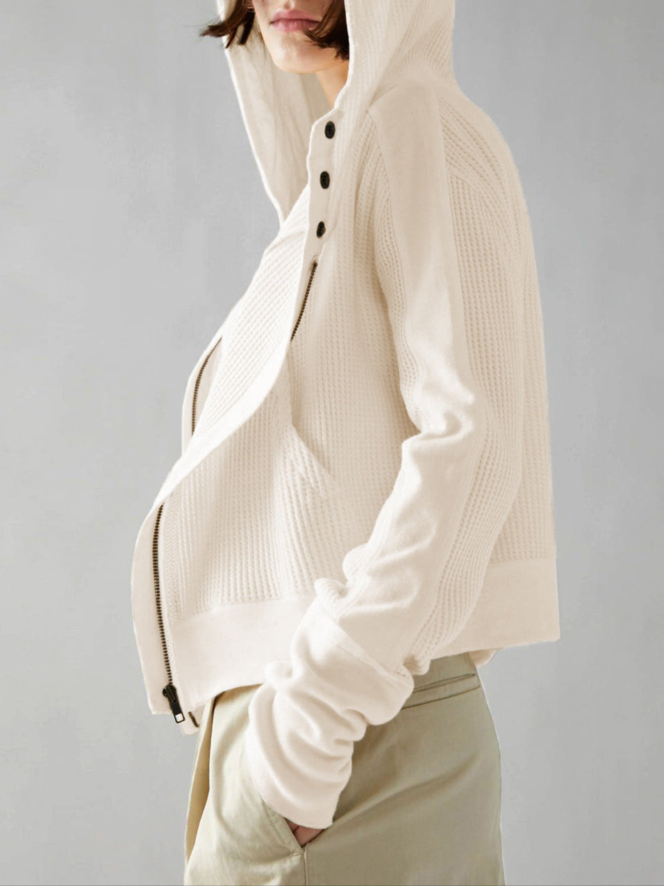 Christina | Womens Cropped Zip Hoodie in Waffle Cotton | Snug Hood, Textured Fabric | Pine, Blue and More S-XL