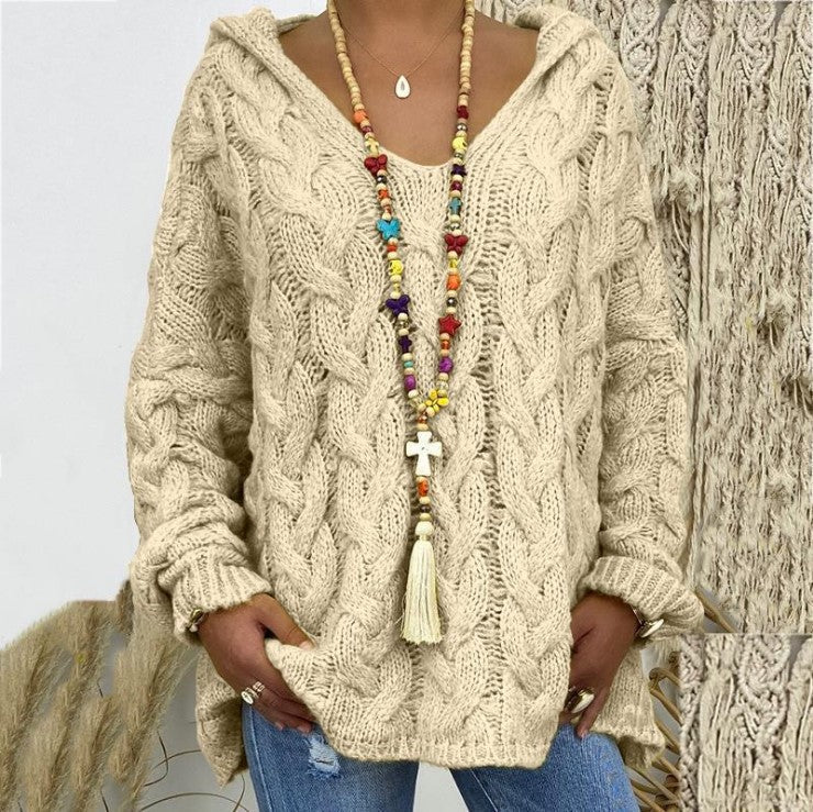 Women's Oversized Cable Knit Hooded Sweater V-Neck