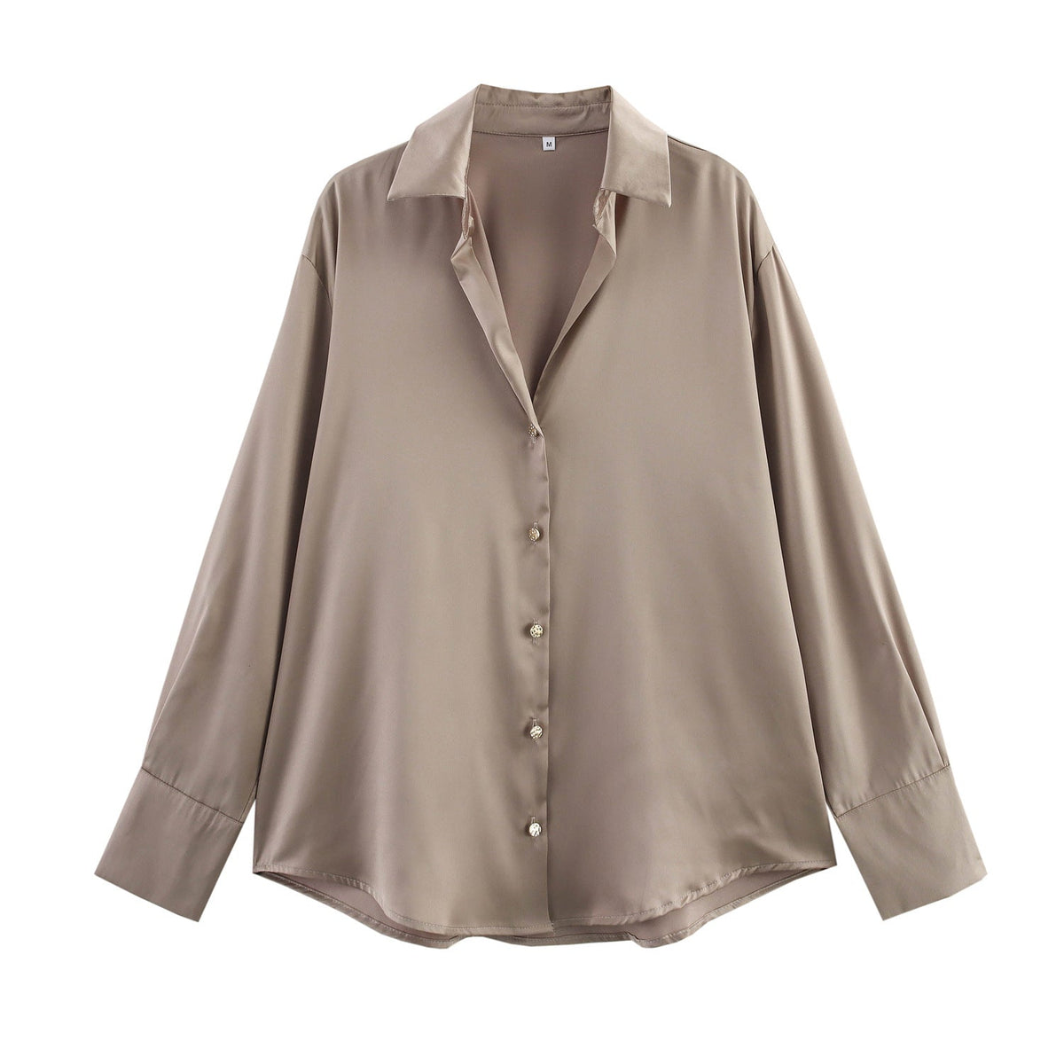 Women's Oversized Satin Button Up Blouse | Shirt Collar, Extended Cuffs, Rounded Hem | Sizes S to L, 9 Colors