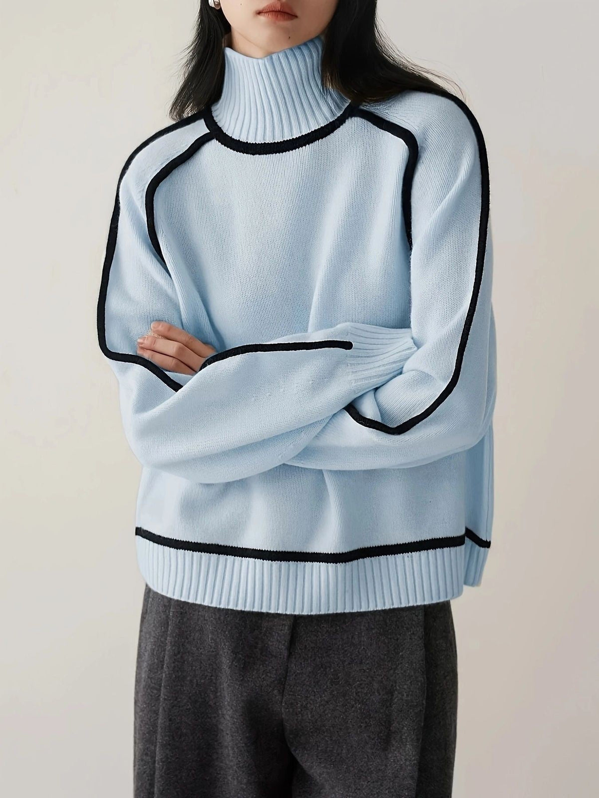 Ornella Contrast Piping Turtleneck Sweater