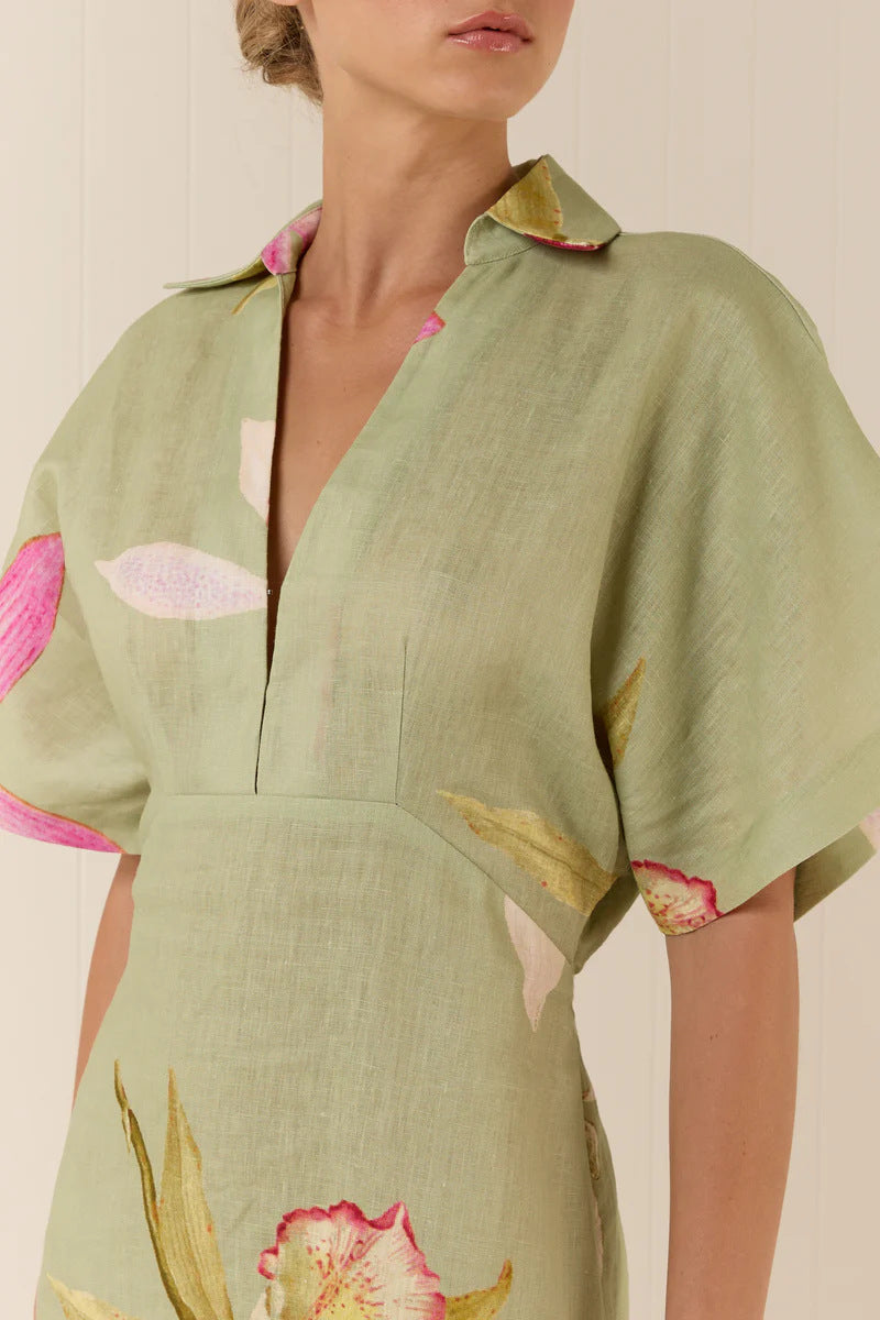 Aurelie Linen Floral Collared Maxi Dress