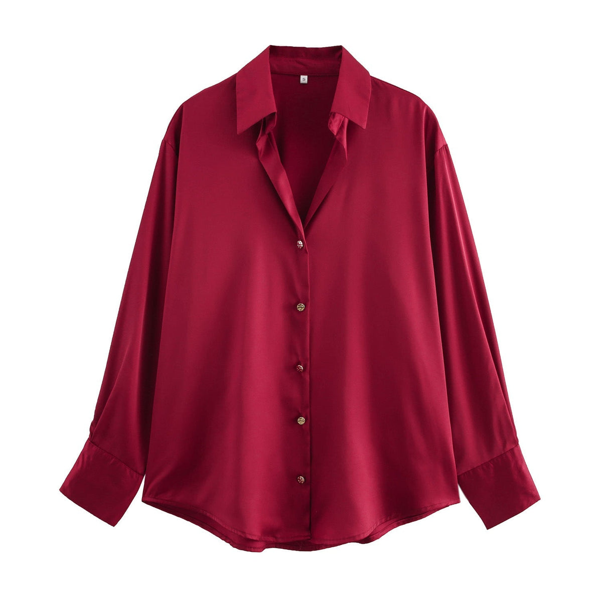 Women's Oversized Satin Button Up Blouse | Shirt Collar, Extended Cuffs, Rounded Hem | Sizes S to L, 9 Colors