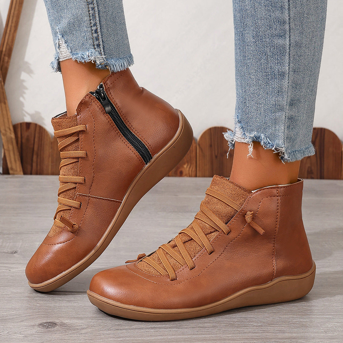 Women's Ankle Boots with Elastic Lacing and Side Zip | Leather Look Upper, Flexible Rubber Sole | Sizes 5.5-11, 6 Colors
