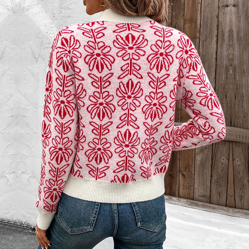 Women's Floral Knit Pullover with Mock Neck
