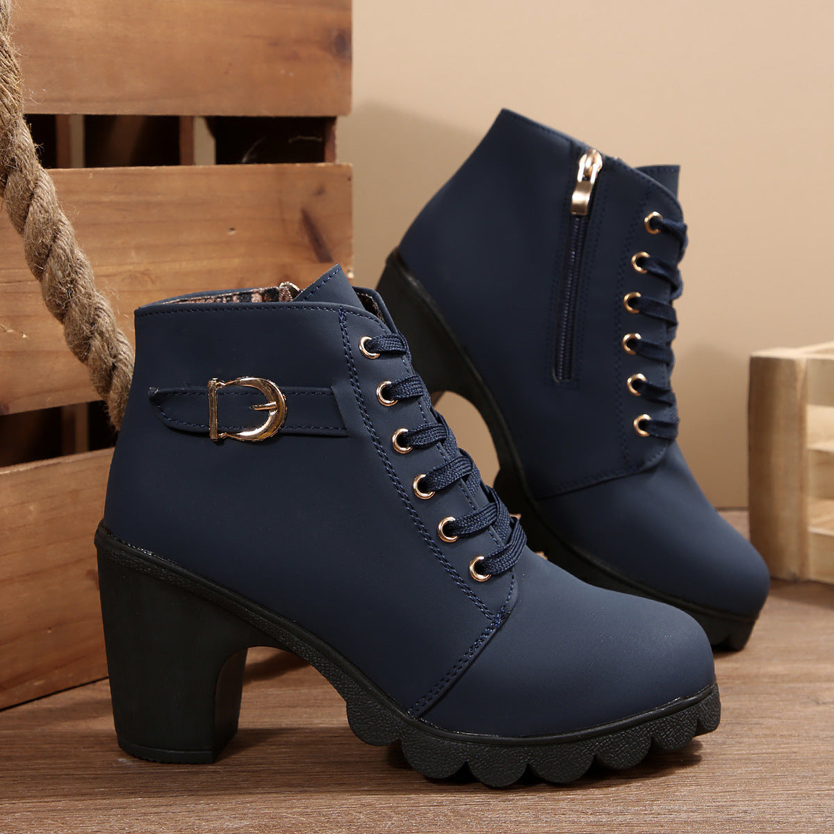 Women's Block Heel Ankle Boots with Gold Tone Eyelets | Buckle Tab, Side Zip, Deep Lug Outsole | Sizes 5.5-10, 6 Colors