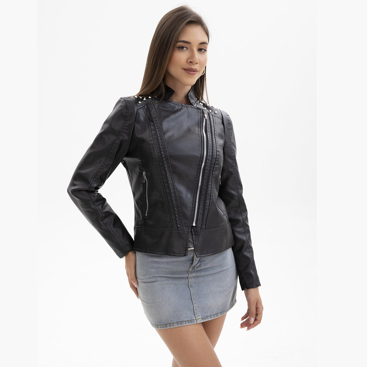 Women's Asymmetric Zip Moto Jacket with Stud Shoulder Detail
