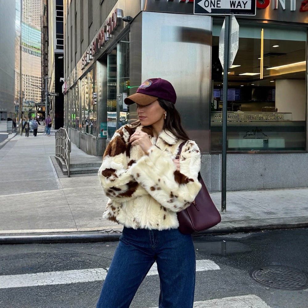 Women's Faux Fur Bomber Jacket with Spotted Pattern
