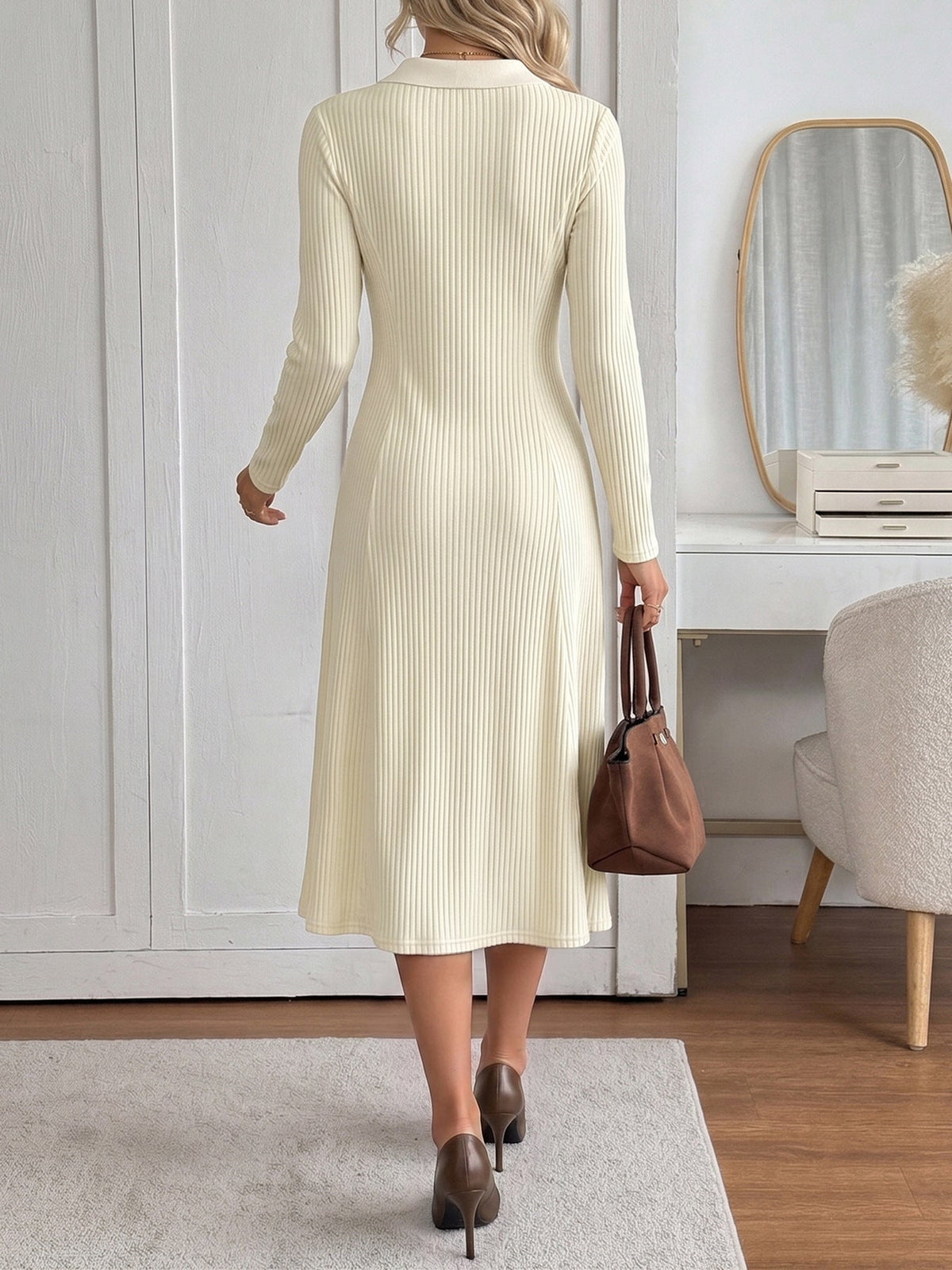 Rufina Ribbed Knit Polo Collar Midi Dress