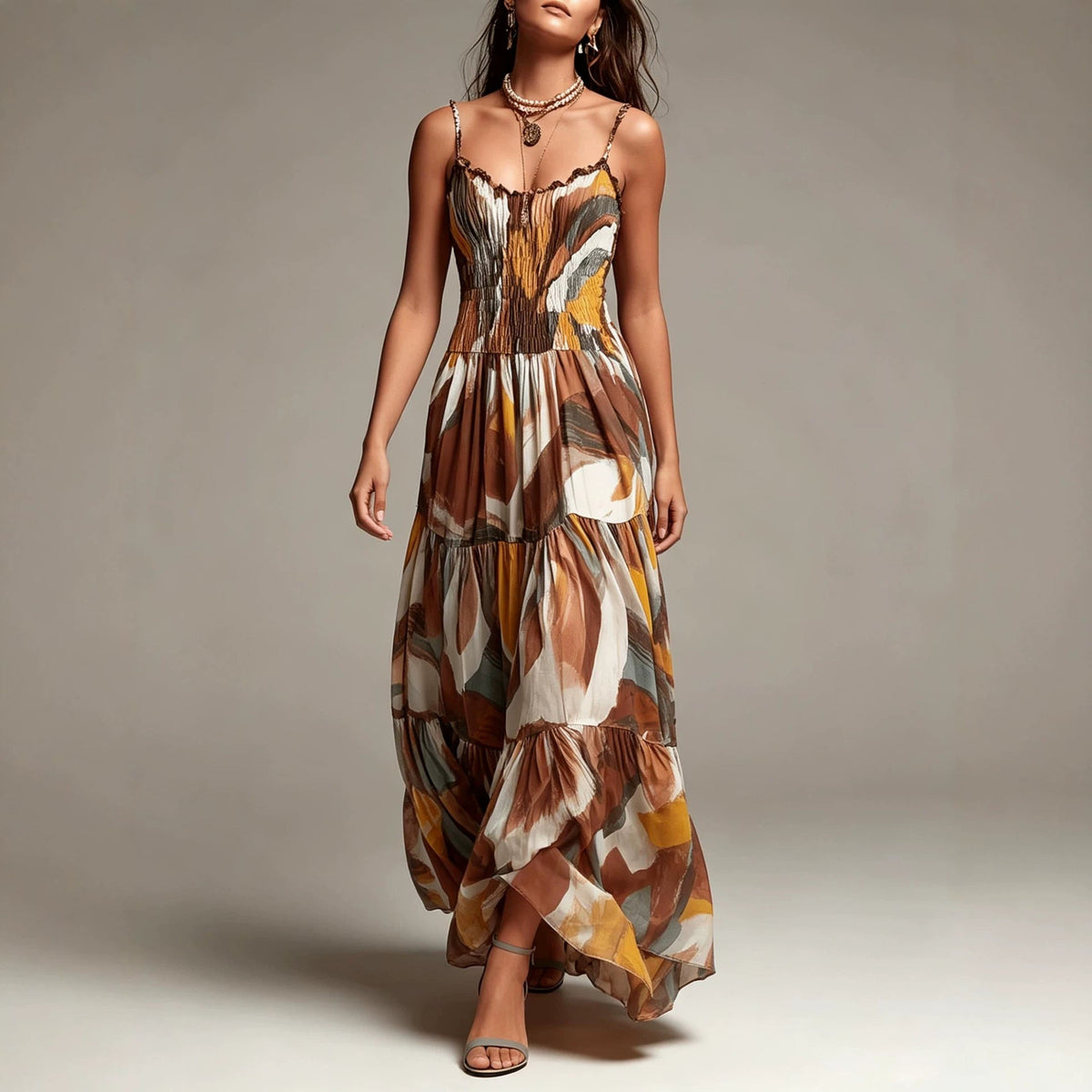 Ruffle Maxi Dress | Abstract Pattern & Shirred Bust