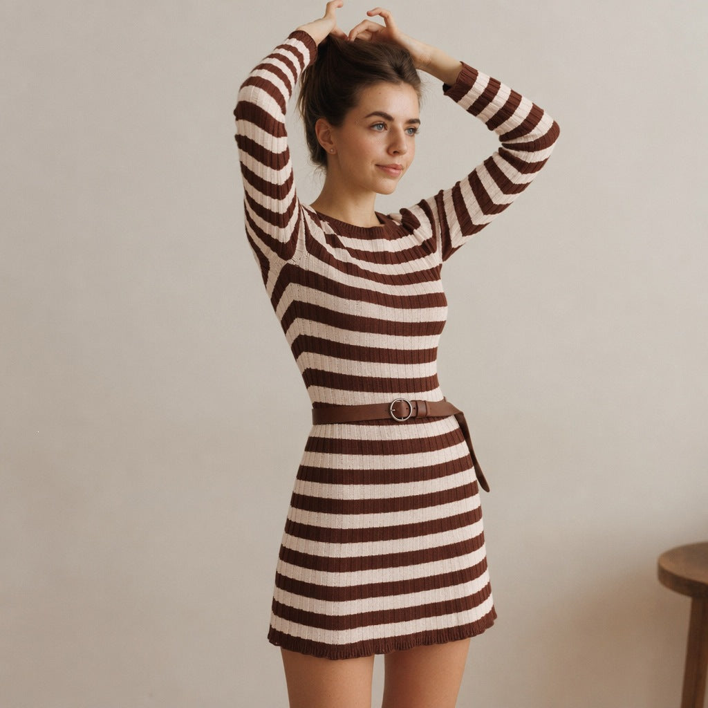 Women's Bodycon Mini Dress in Striped Ribbed Knit | Round Neck, Long Sleeves, Thigh Length | Sizes S-XL, 3 Colors