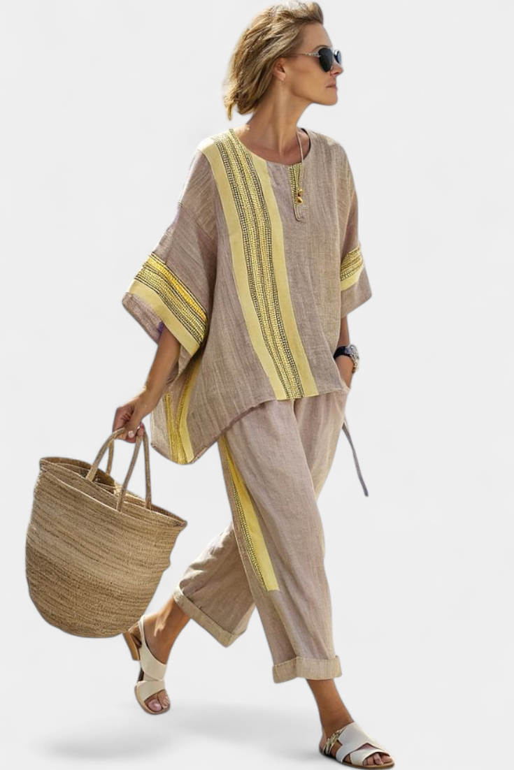 Isla | Women's set with lavender top and mustard pants