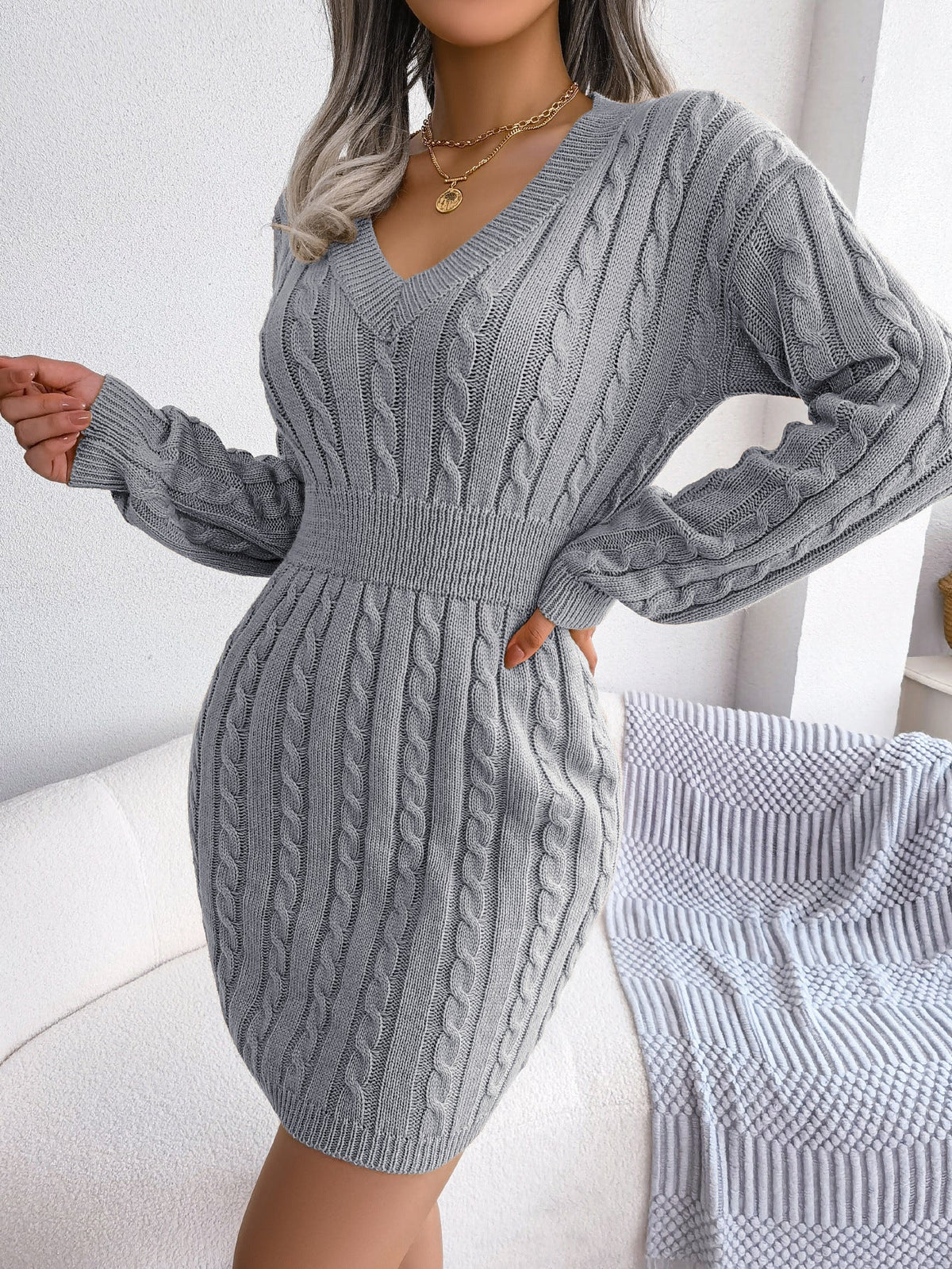 Michela Cable-Knit Smocked-Waist Sweater Dress