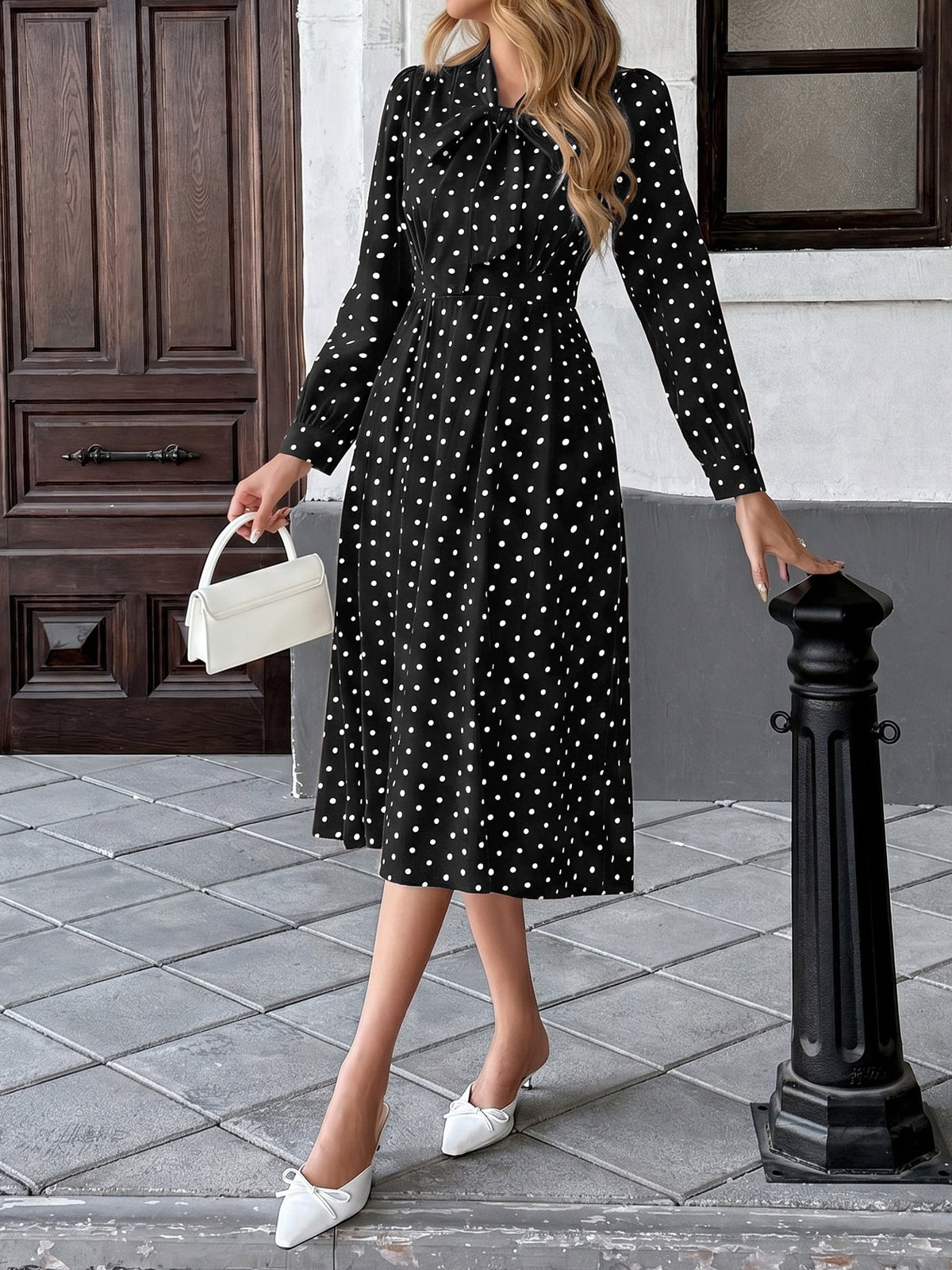 Vanja Polka Dot Tie Neck Pleated Midi Dress