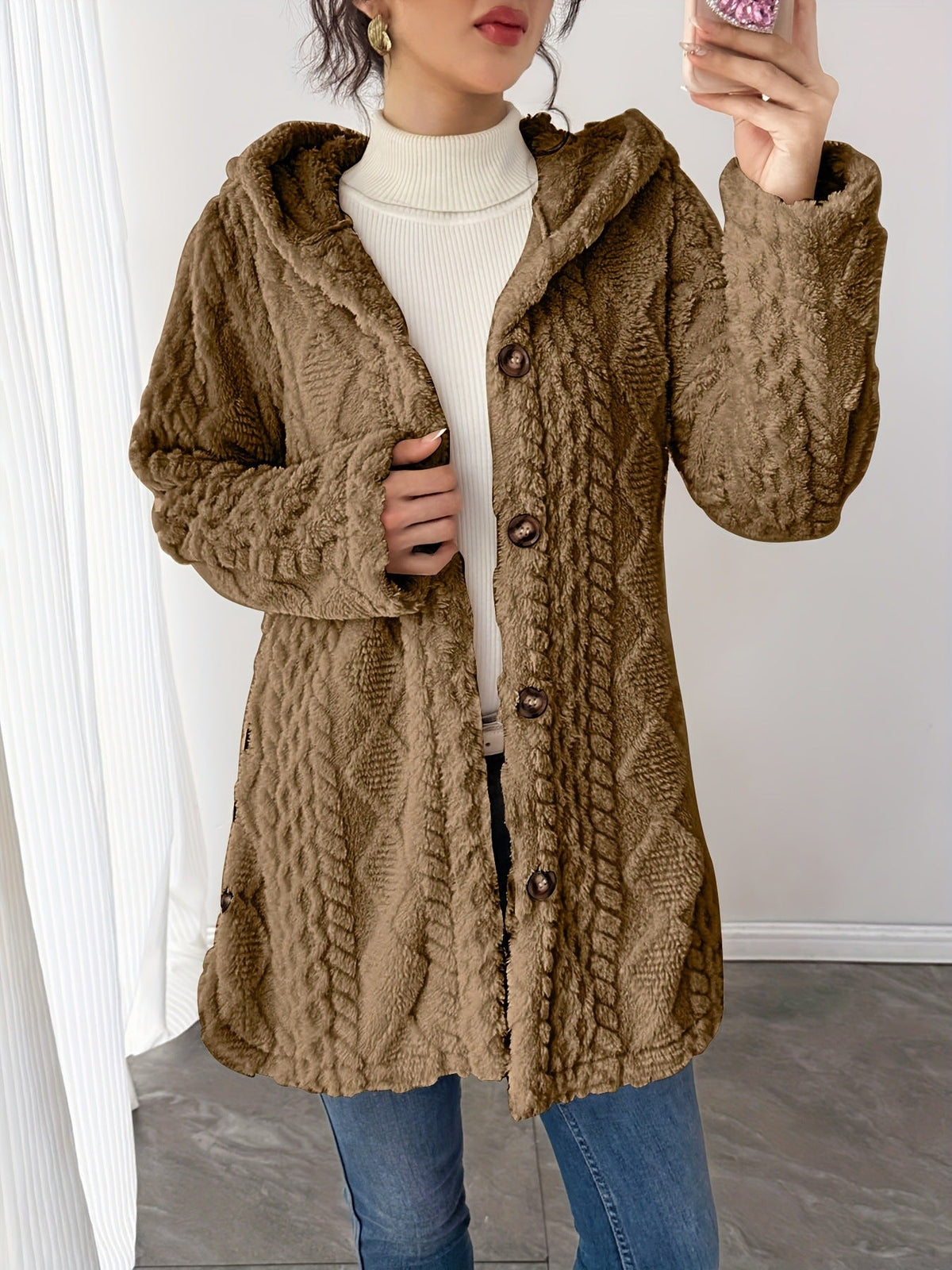 Embla Hooded Sherpa Fleece Button Jacket