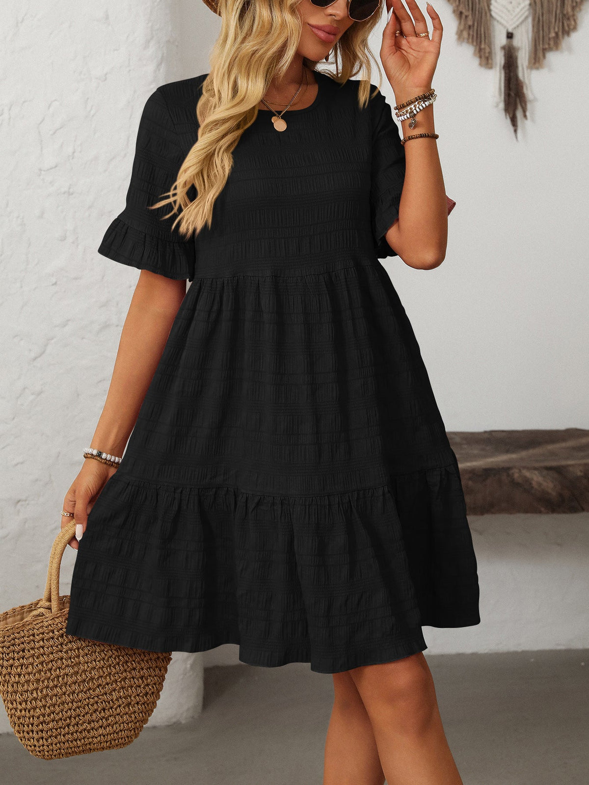 Vianne Textured Tiered Short-Sleeve Dress