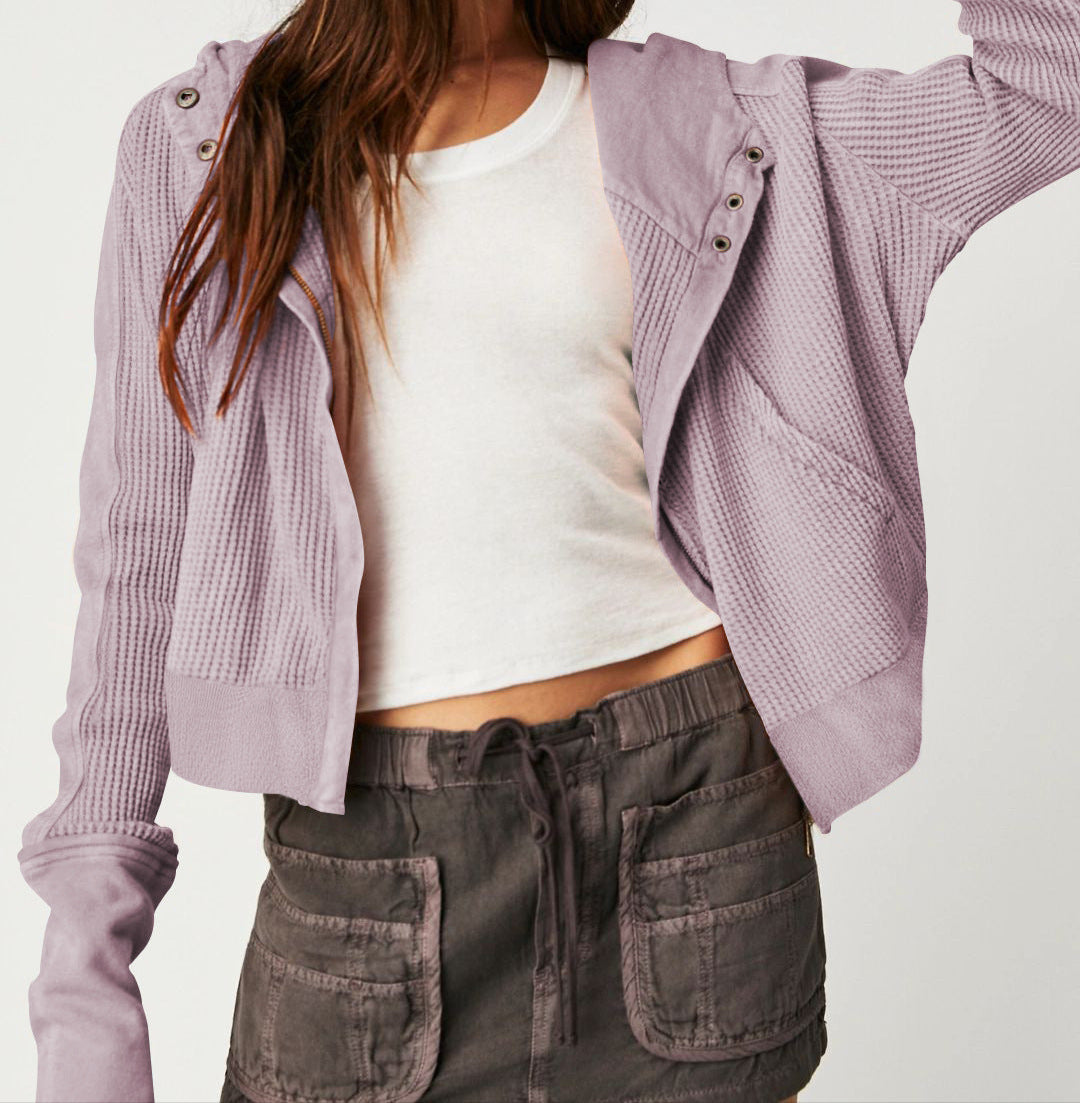 Christina | Womens Cropped Zip Hoodie in Waffle Cotton | Snug Hood, Textured Fabric | Pine, Blue and More S-XL