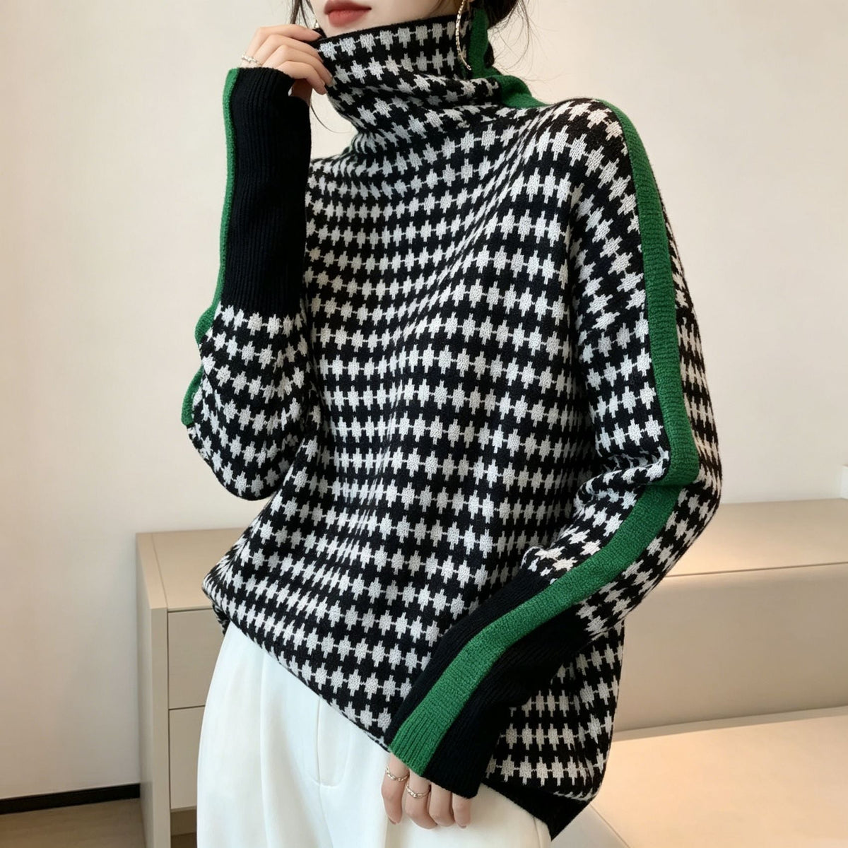 Women's Striped High Neck Pullover Sweater, Long Sleeves
