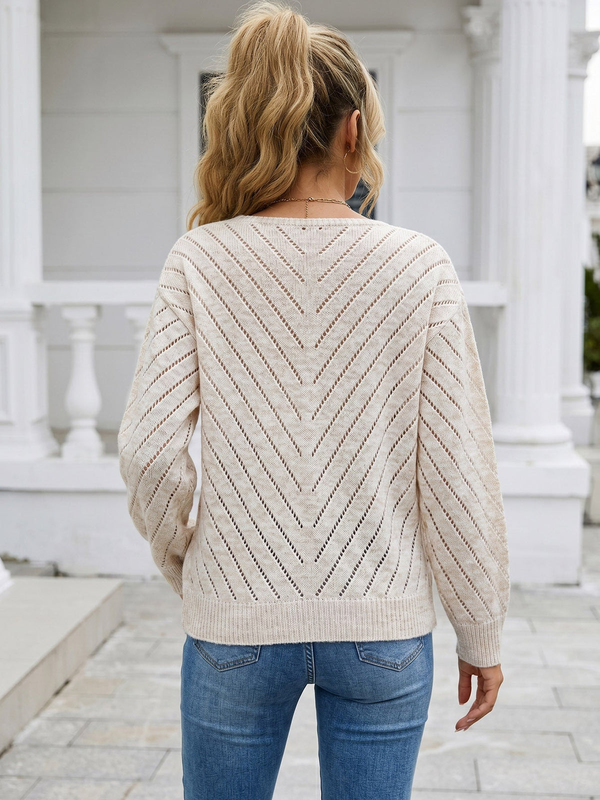 Eliane Pointelle V-Neck Knit Pullover