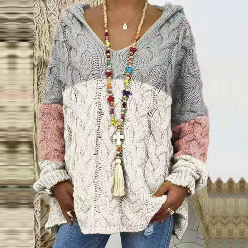 Women's Oversized Cable Knit Hooded Sweater V-Neck