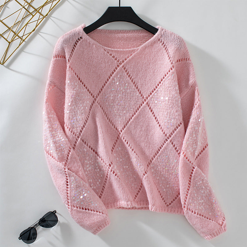 Women's Sequin Diamond Pattern Crew Neck Sweater