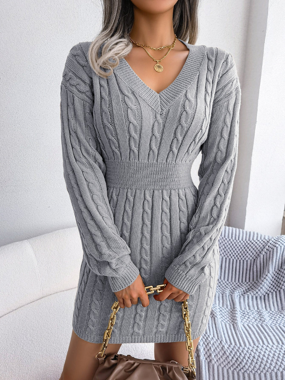 Michela Cable-Knit Smocked-Waist Sweater Dress