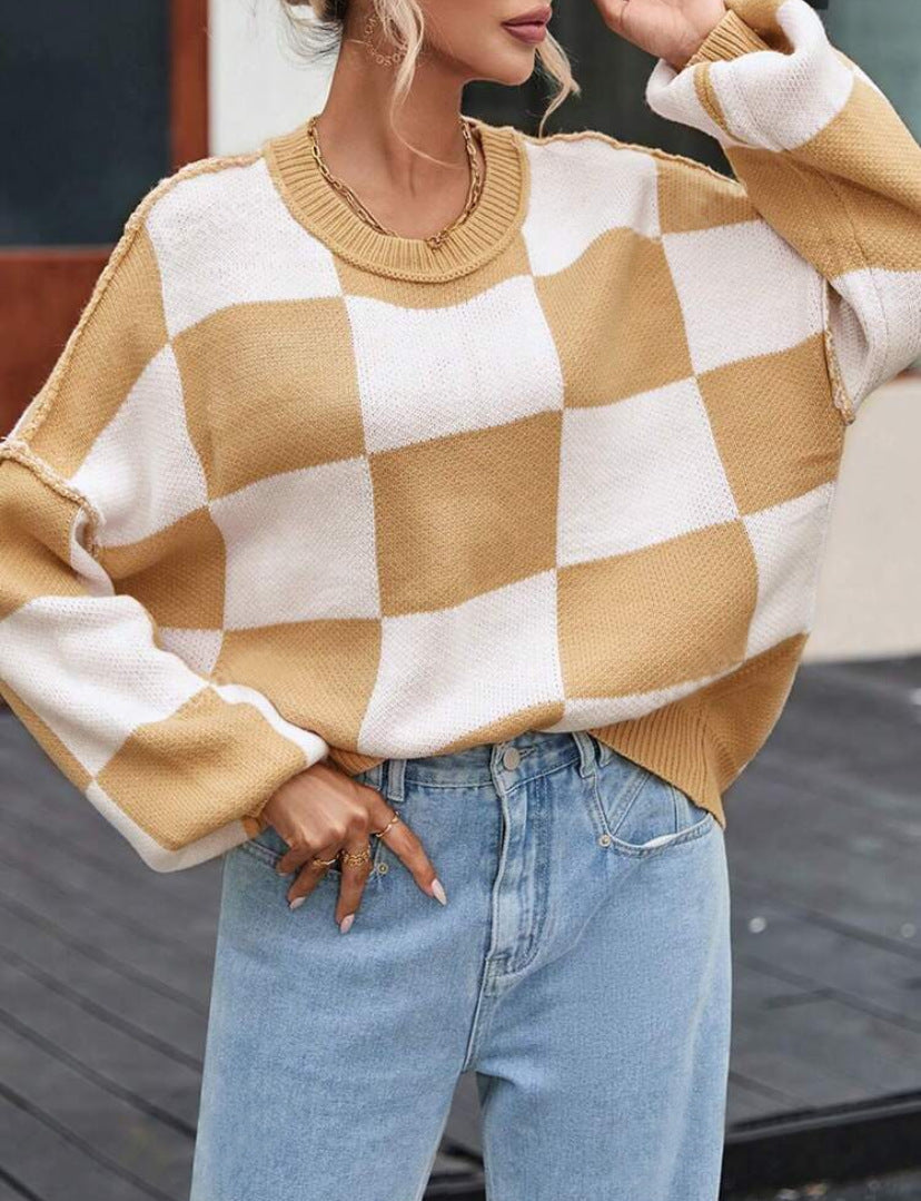 Aemilia Checkerboard Oversized Crew Sweater