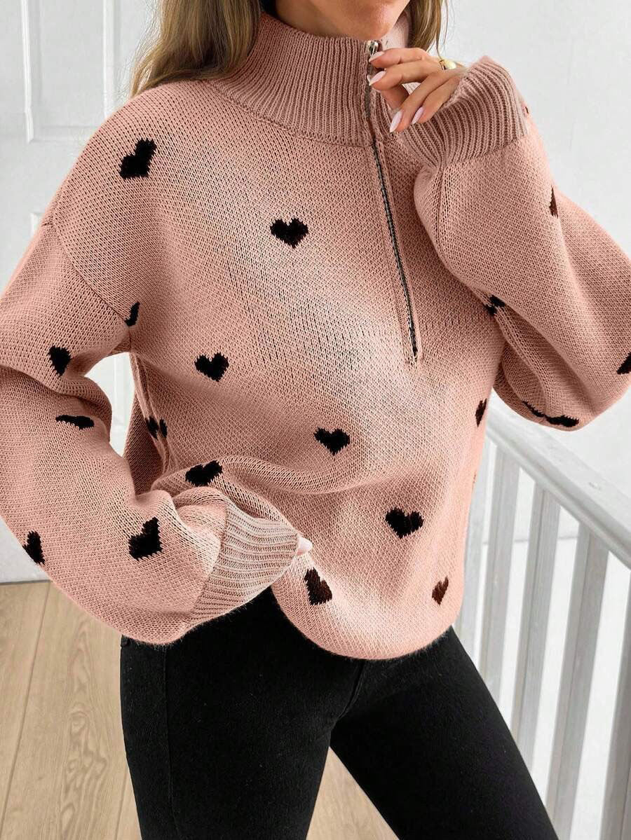 Signy Heart Print Quarter-Zip Sweater
