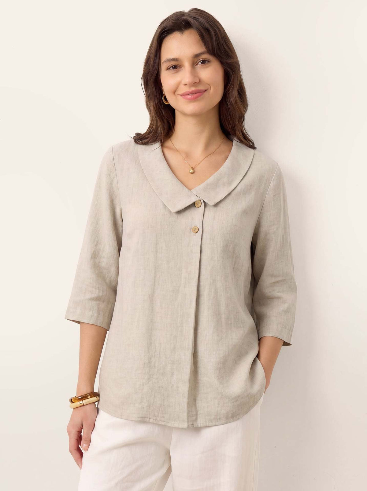 Bettina Draped-Collar Linen Tunic Blouse